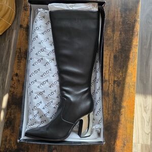 Aqua Black Heeled Boots with Metallic Accent